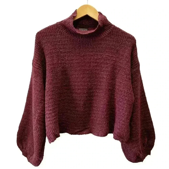 Topshop Balloon Sleeve Roll Neck Sweater  Cropped Burgundy Size 4 Small - Picture 1 of 16